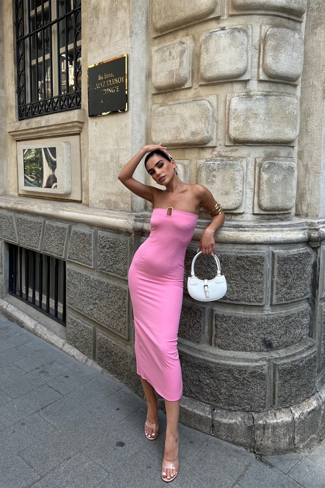 Pembe Straplez Uzun Elbise ATE7171 - 3