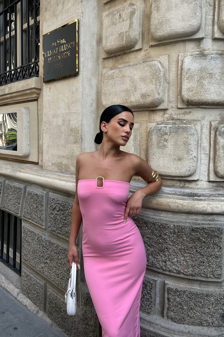 Pembe Straplez Uzun Elbise ATE7171 - EYYO