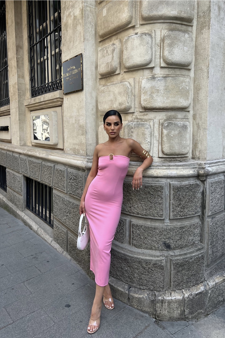 Pembe Straplez Uzun Elbise ATE7171 - EYYO