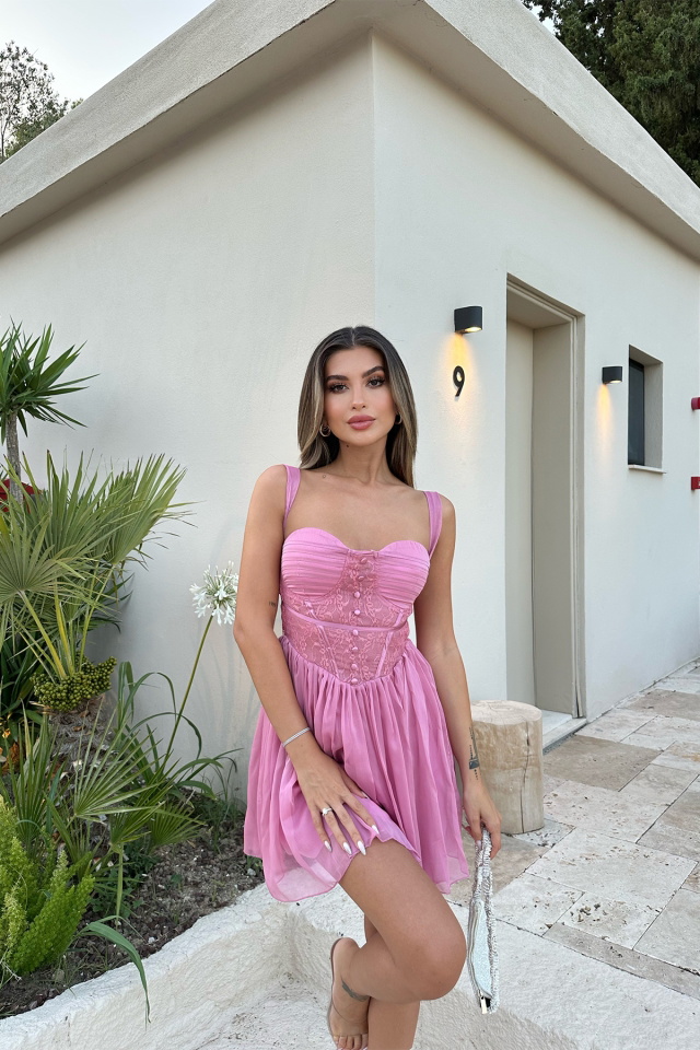 Pembe Tül Detay Mini Elbise ATE7494 - 2