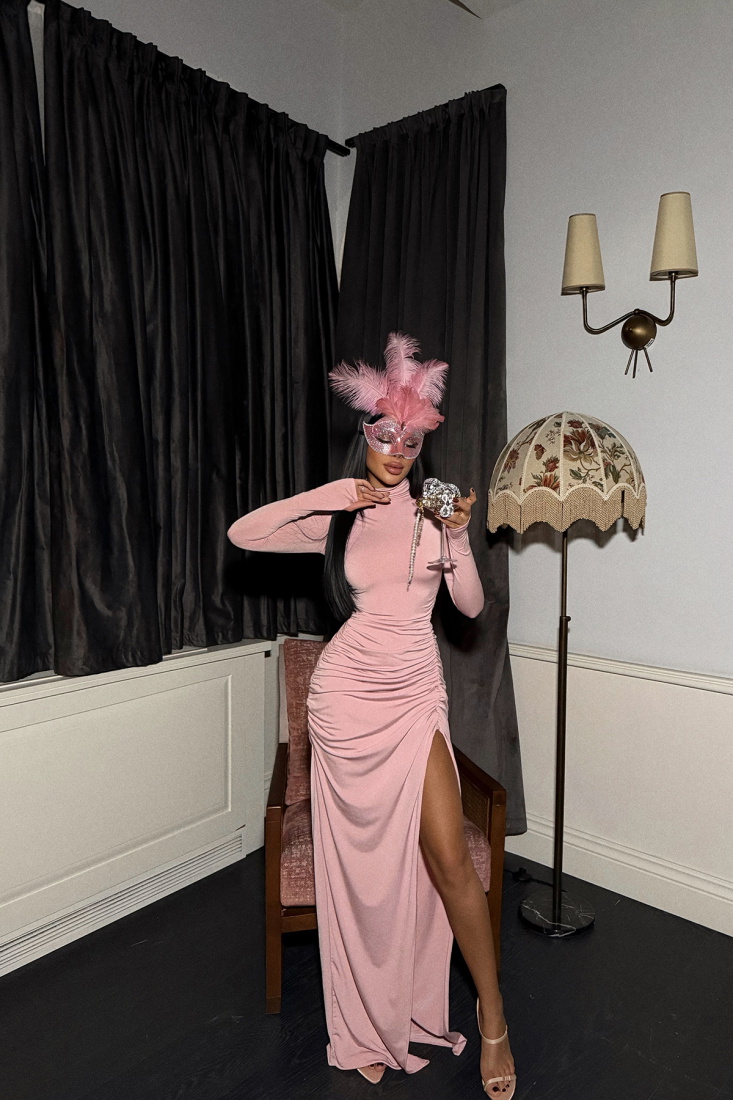 Pembe Taren Yırtmaçlı Elbise ATE-1755 - EYYO