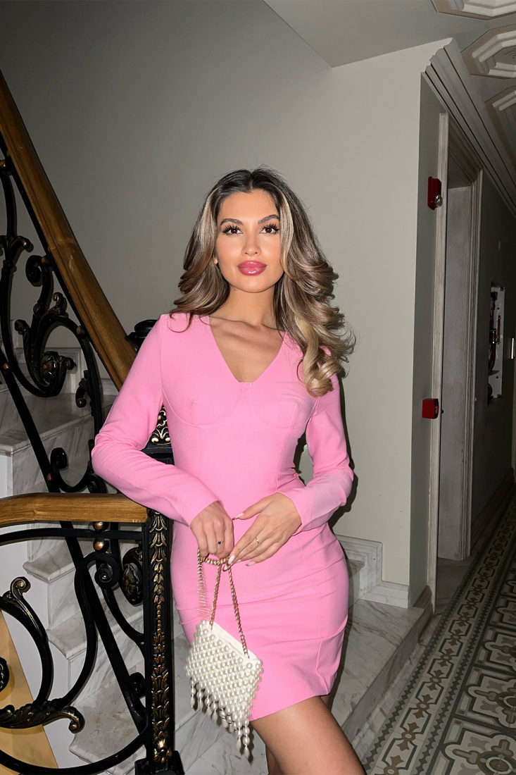 Pembe V Yaka Mini Elbise ATE5066 - EYYO