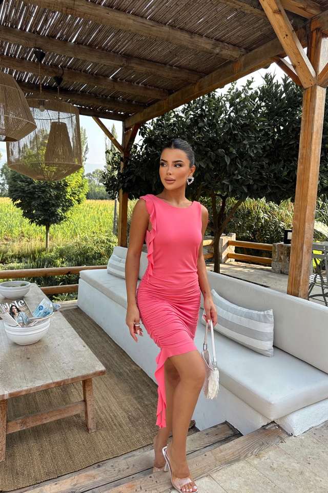 Pembe Yanları Büzgülü Mini Elbise ATE8025 - 3