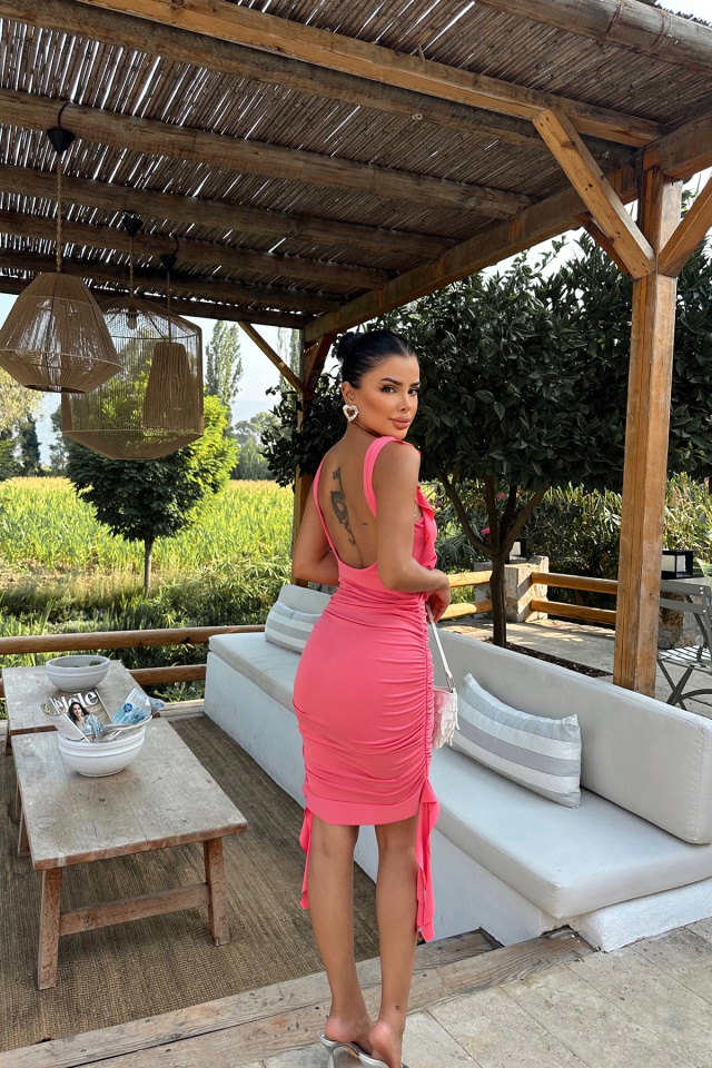 Pembe Yanları Büzgülü Mini Elbise ATE8025 - 5