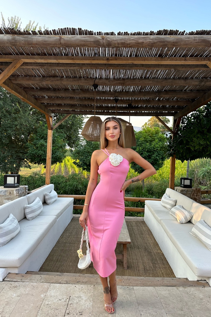 Pembe Yırtmaç Detay Elbise ATE8043 - EYYO