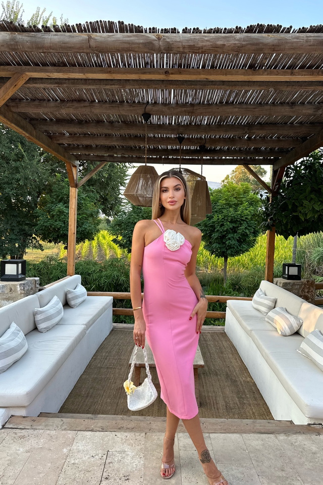Pembe Yırtmaç Detay Elbise ATE8043 - 4