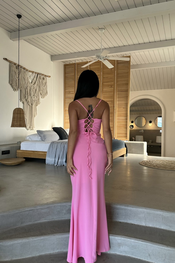 Pembe Yırtmaç Detay Sırtı Bağlamalı Elbise ATE8244 - EYYO