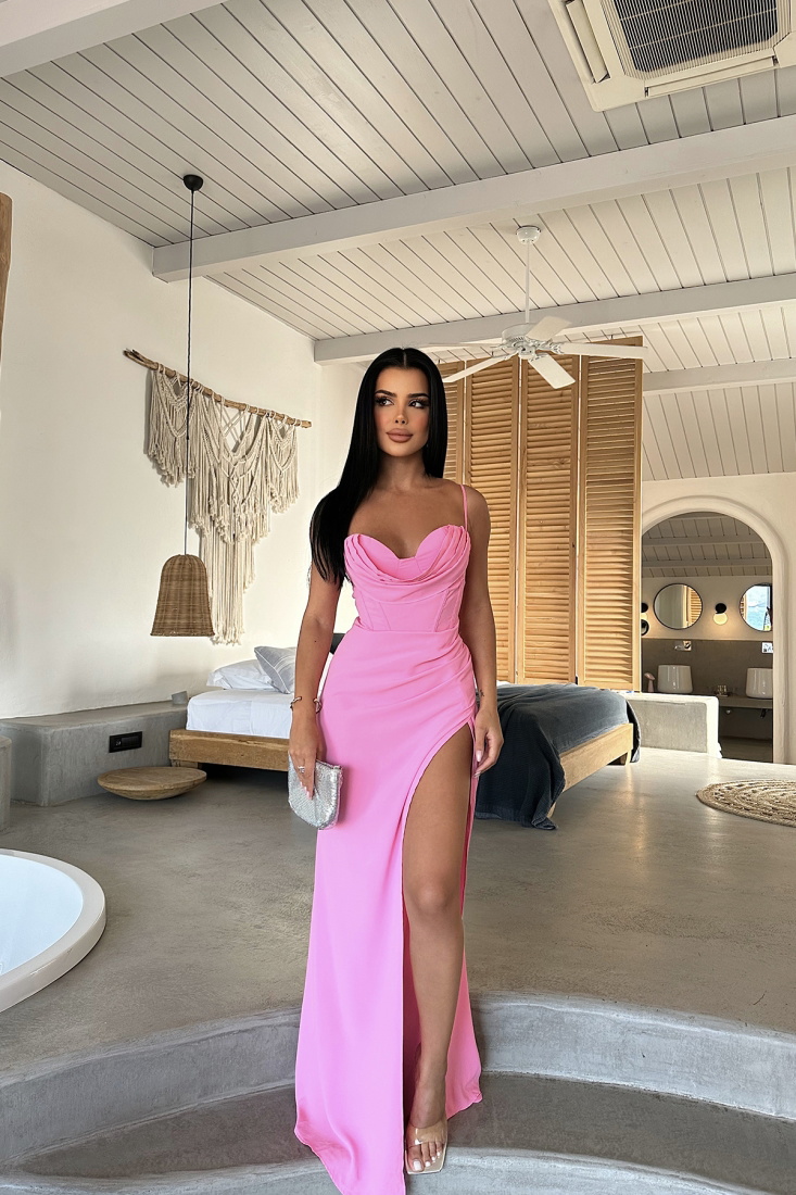 Pembe Yırtmaç Detay Sırtı Bağlamalı Elbise ATE8244 - EYYO