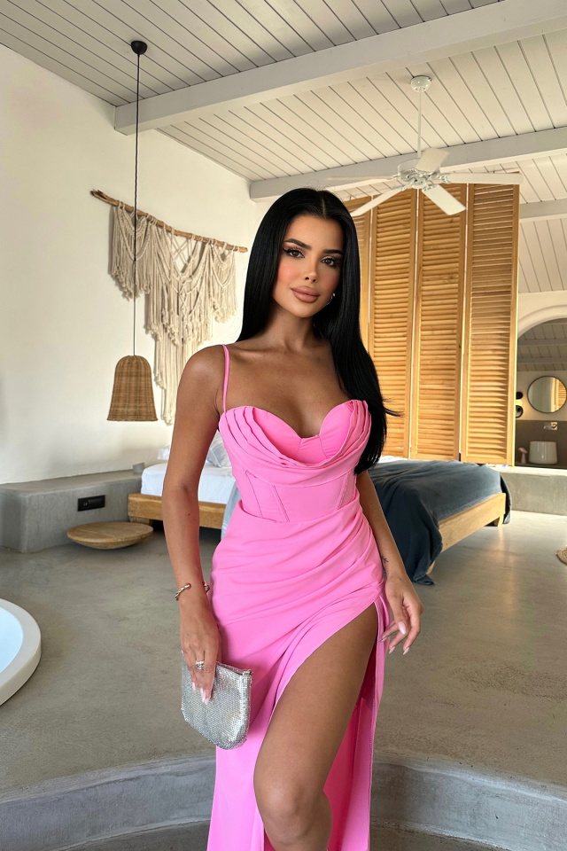 Pembe Yırtmaç Detay Sırtı Bağlamalı Elbise ATE8244 - 4