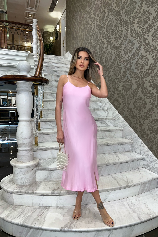 Pembe Yırtmaç Detay Uzun Elbise ATE5280 - 4