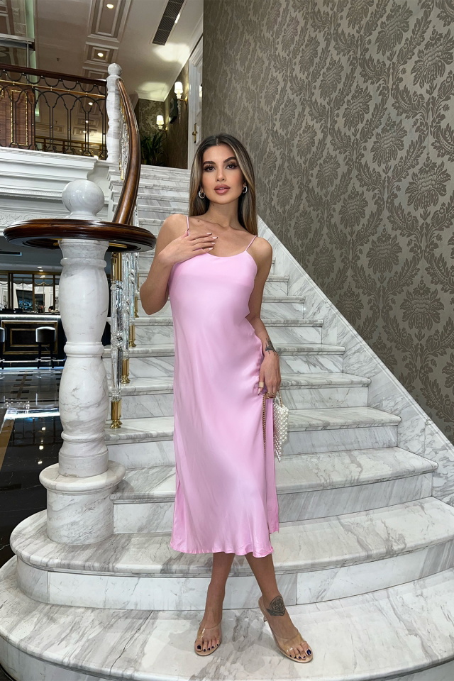 Pembe Yırtmaç Detay Uzun Elbise ATE5280 - 3