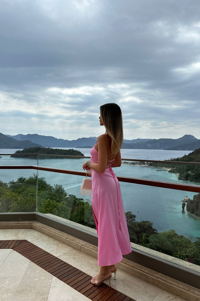 Pink Back Detail Deep Slit Dress ATE6602 - 5