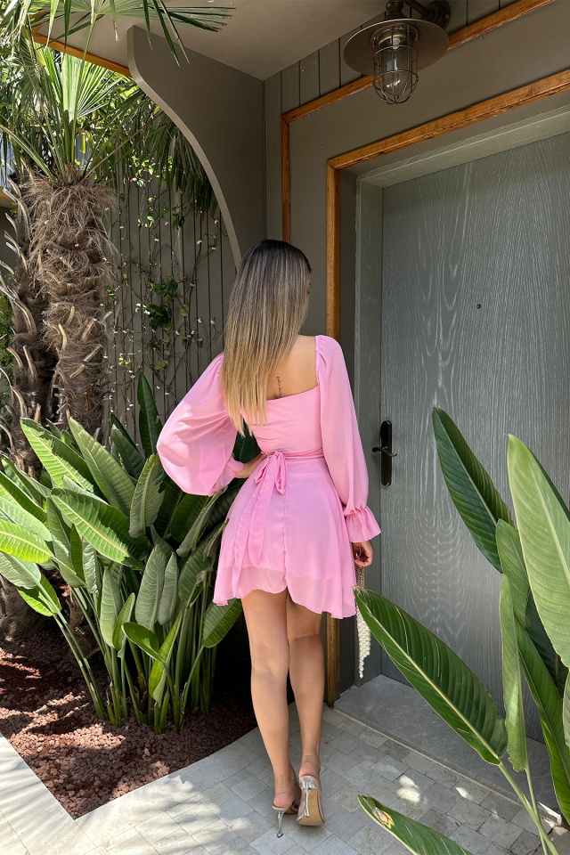 Pink Balloon Sleeve Belly Detail Dress ATE6204 - 5