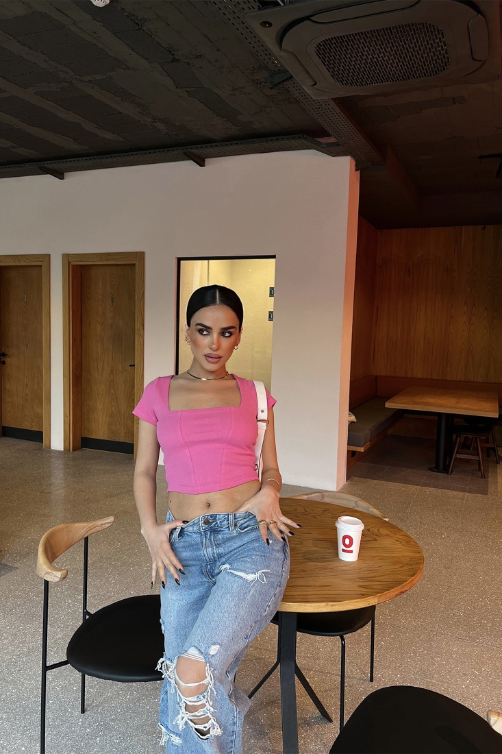 Pink Square Collar Crop Top ATE4351 - EYYO