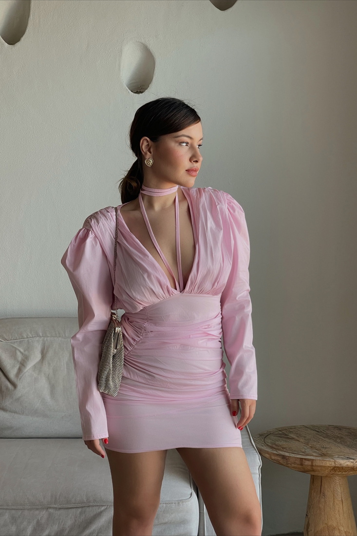 Pink Front Gathered Dress ATE1246 - EYYO ATELIER