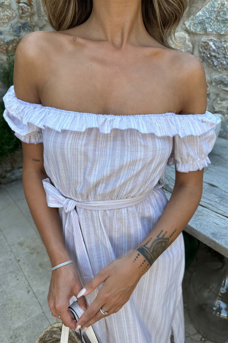 Pudra Çizgili Bağlamalı Uzun Elbise ATE7281 - EYYO