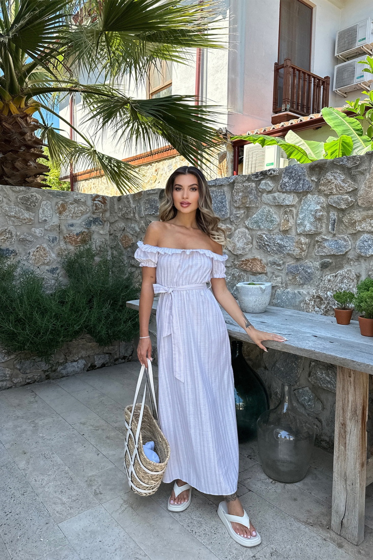 Pudra Çizgili Bağlamalı Uzun Elbise ATE7281 - EYYO