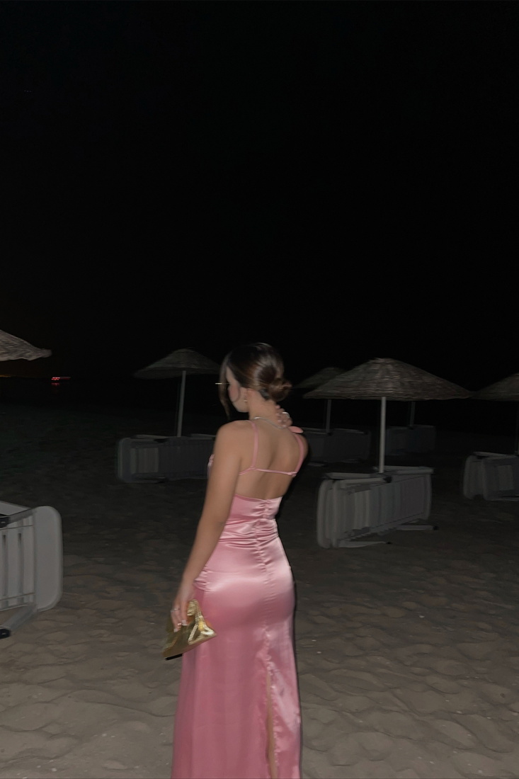 Pudra Saks Milika Saten Uzun Elbise ATE1481 - DEPPOT