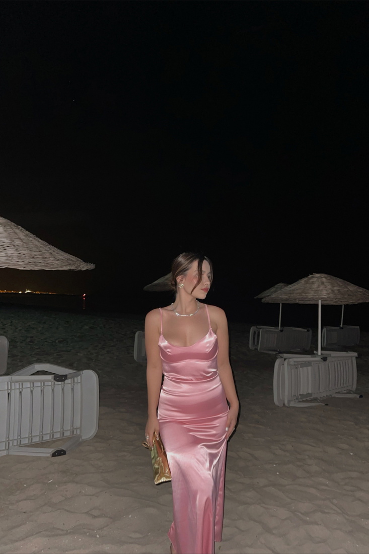 Pudra Saks Milika Saten Uzun Elbise ATE1481 - DEPPOT