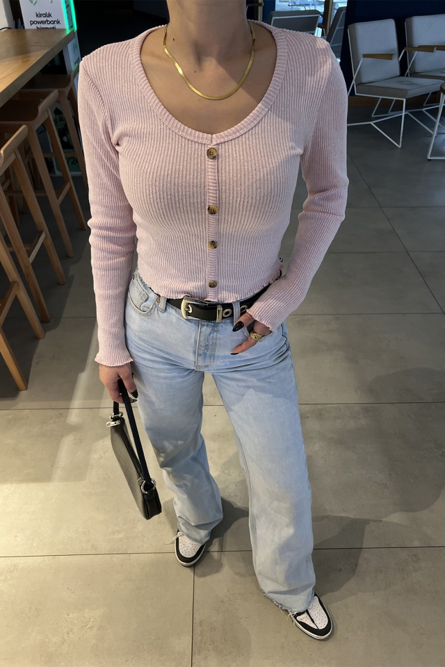 Pudra Önü Düğmeli Crop Top ATE4739 - 2