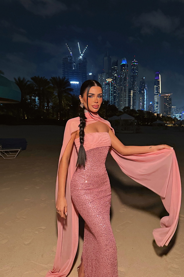 Pudra Plunge Payetli Uzun Elbise ATE-4796 