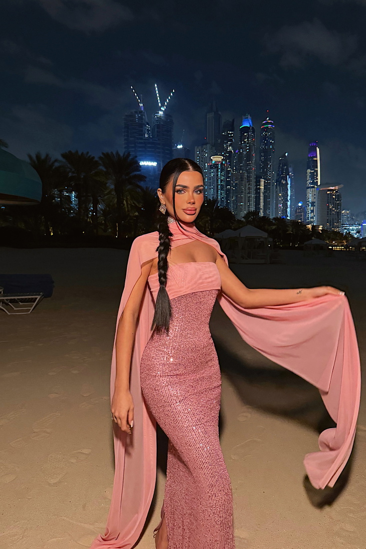 Pudra Plunge Payetli Uzun Elbise ATE-4796 - EYYO