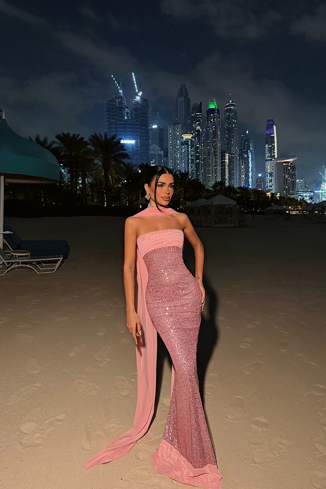 Pudra Plunge Payetli Uzun Elbise ATE-4796 - 2