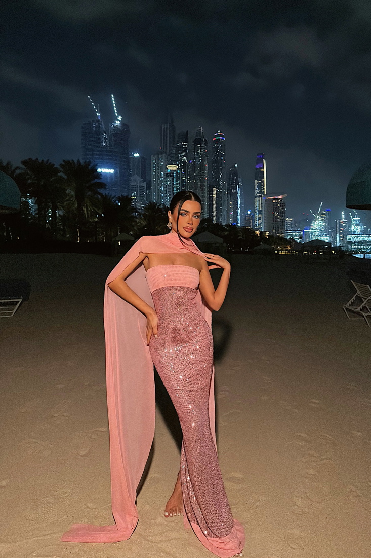 Pudra Plunge Payetli Uzun Elbise ATE-4796 - EYYO