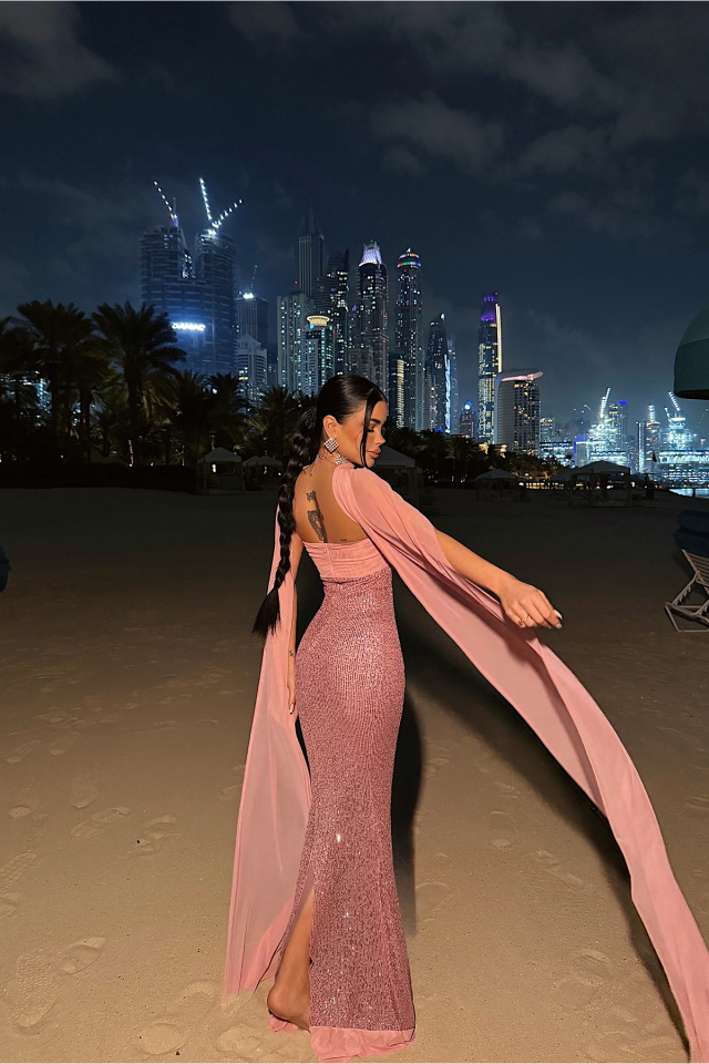 Pudra Plunge Payetli Uzun Elbise ATE-4796 - 4