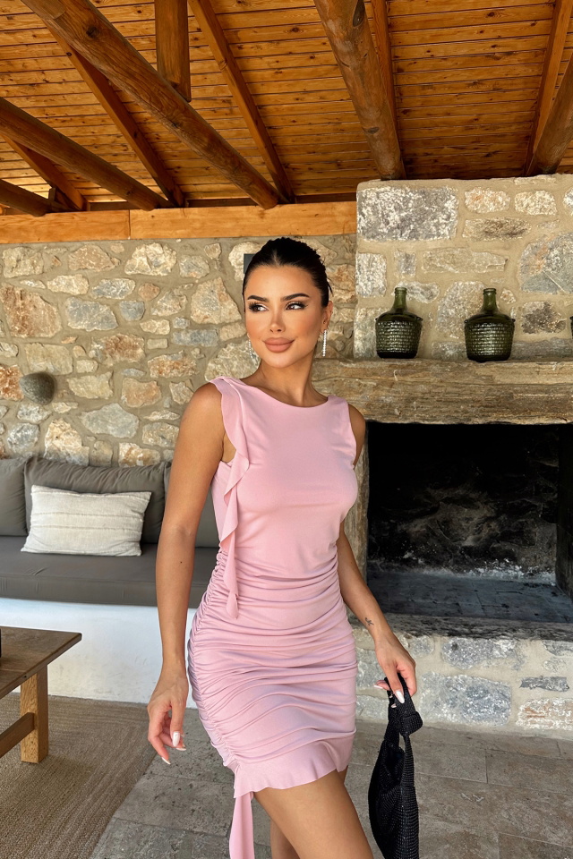 Pudra Yanları Büzgülü Mini Elbise ATE8029 