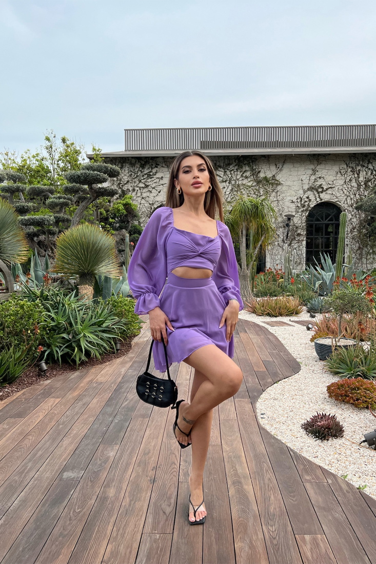 Purple Balloon Sleeve Belly Detail Dress ATE6191 - EYYO