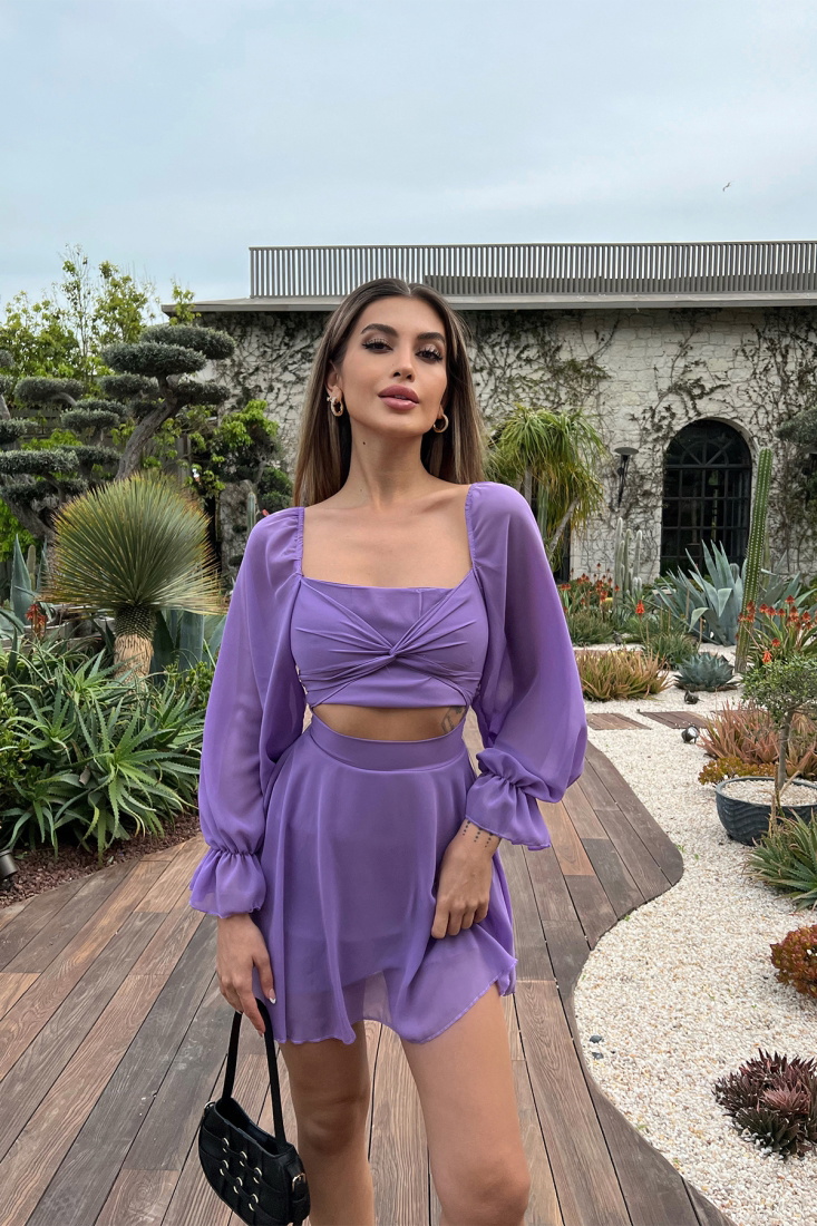 Purple Balloon Sleeve Belly Detail Dress ATE6191 - EYYO