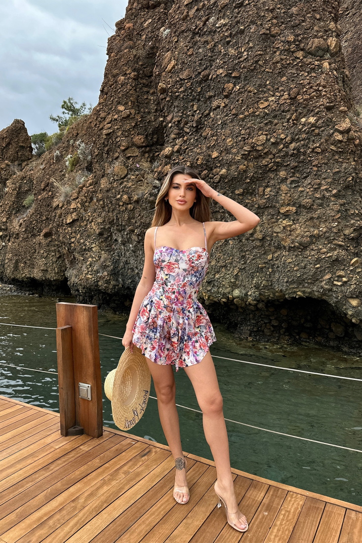 Purple Flower Pattern Strapped Mini Dress ATE6572 - EYYO