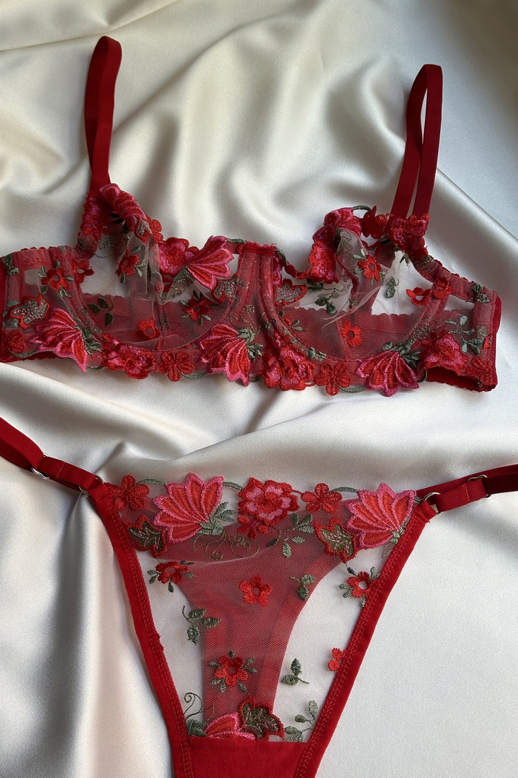 Red Flower Detail Tulle Lingerie ATE-1682 - EYYO