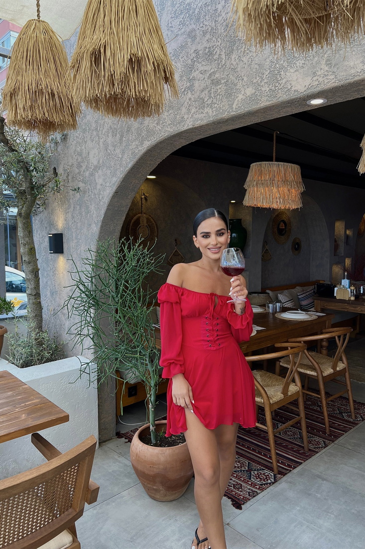 Red Front Laced Mini Dress ATE1904 - SEVENDAY