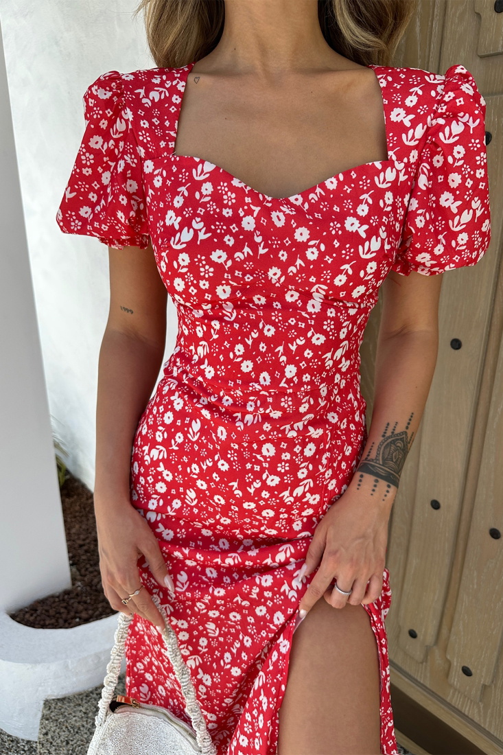 Red Hearth Collar Deep Slit Dress ATE6992 - EYYO