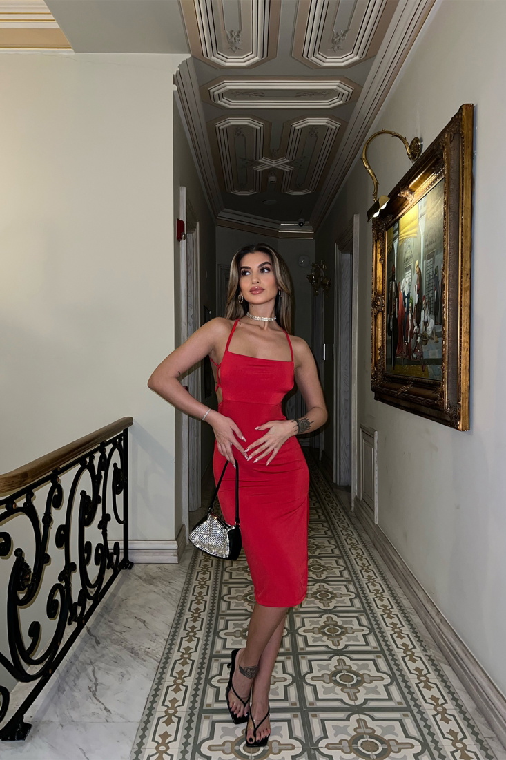 Red Laced Midi Dress ATE4305 - EYYO