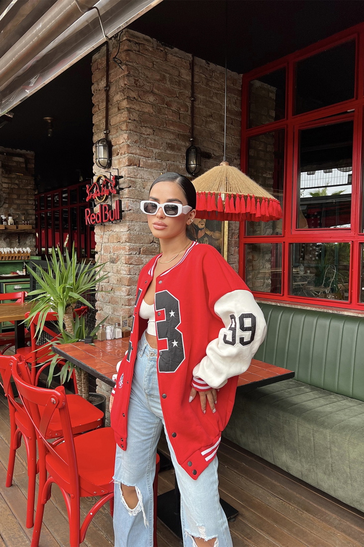 Red Leather Sleeves College Jacket ATE1962 - NOON