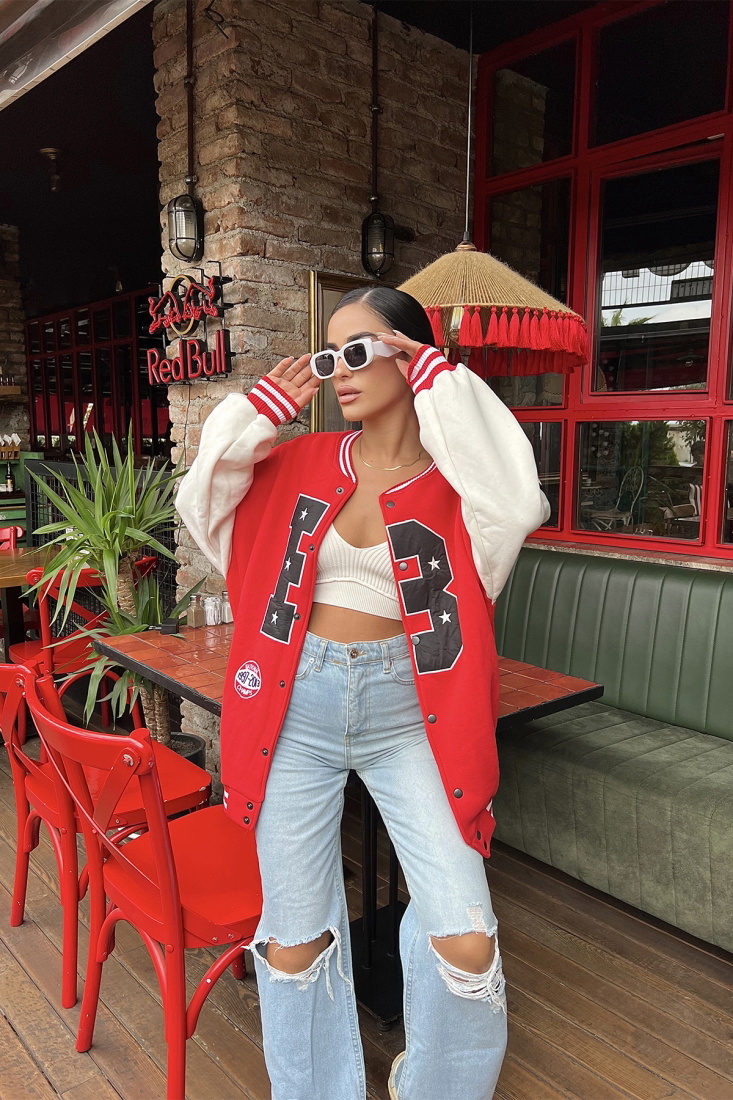 Red Leather Sleeves College Jacket ATE1962 - NOON