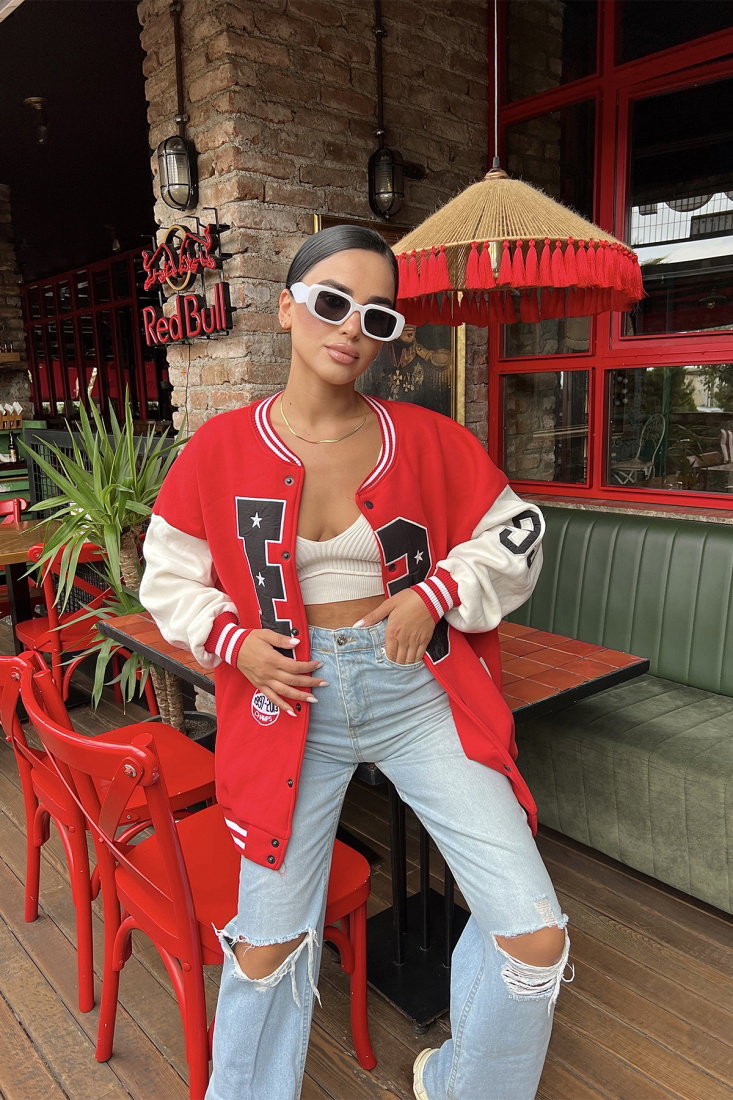 Red Leather Sleeves College Jacket ATE1962 - NOON