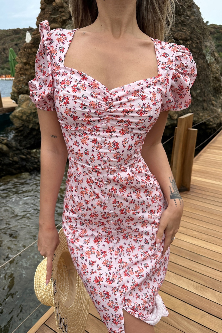 Red Slit Detail Flower Pattern Dress ATE6607 - EYYO