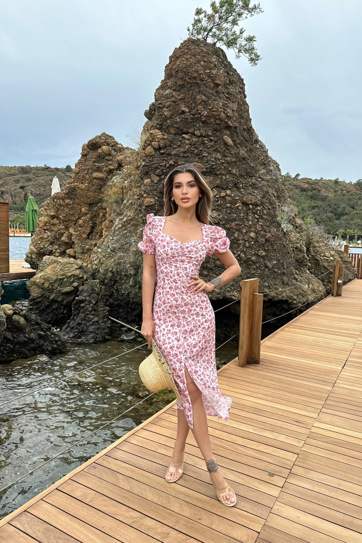 Red Slit Detail Flower Pattern Dress ATE6607 - EYYO