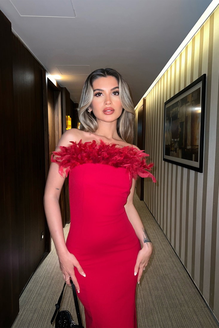 Red Strapless Fur Detail Dress ATE6636 - EYYO