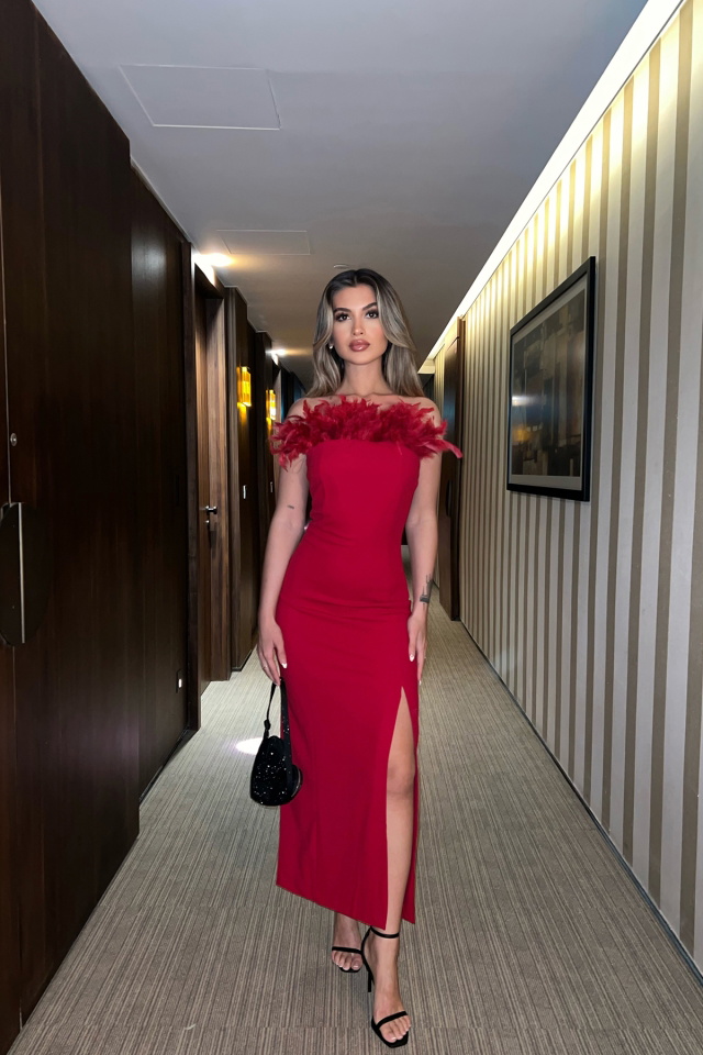 Red Strapless Fur Detail Dress ATE6636 - 1