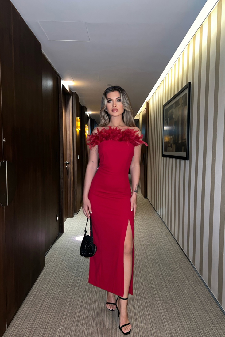 Red Strapless Fur Detail Dress ATE6636 - EYYO