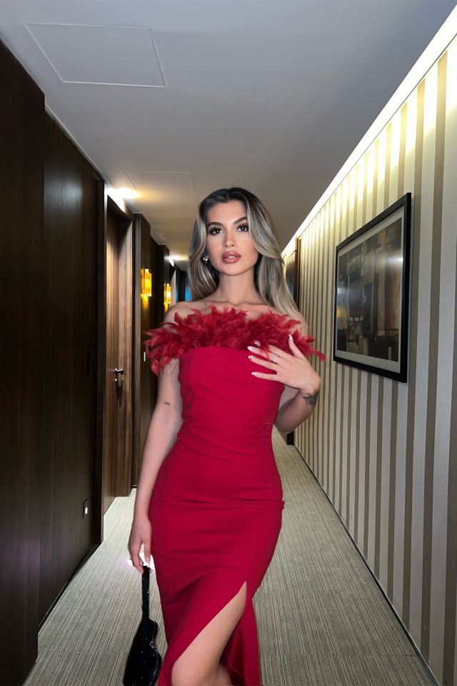 Red Strapless Fur Detail Dress ATE6636 - 4