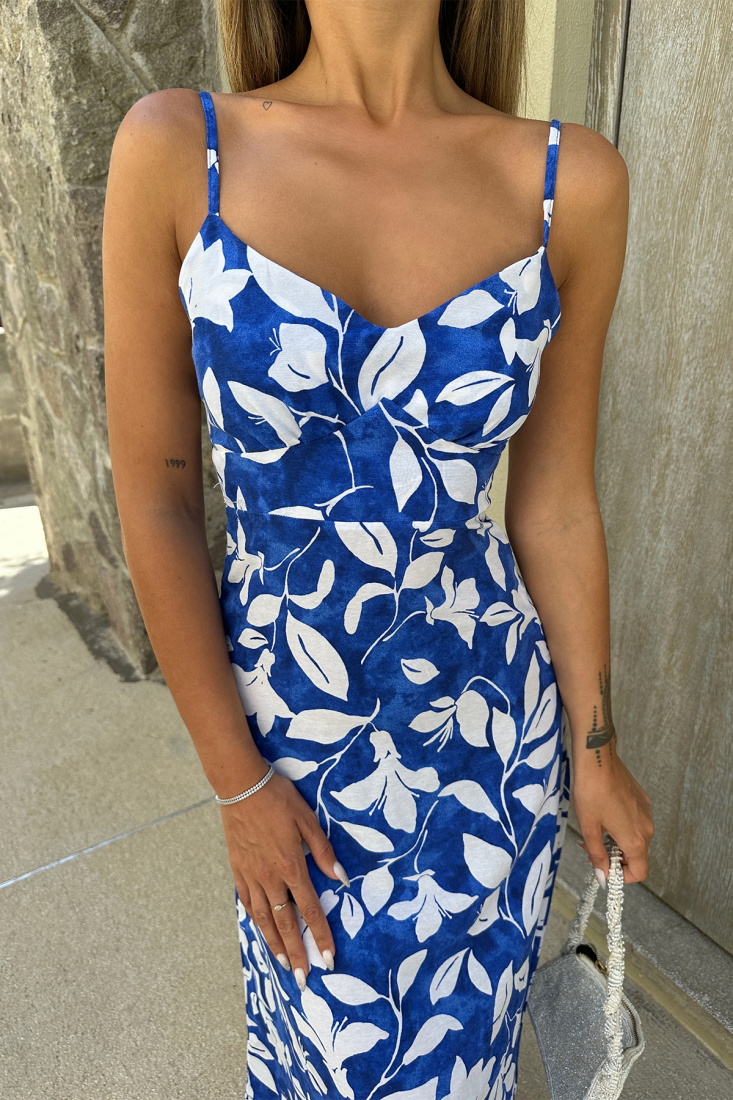 Saks Askılı Çiçek Desen Elbise ATE7388 - EYYO