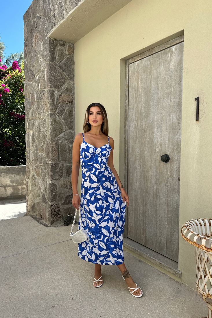 Saks Askılı Çiçek Desen Elbise ATE7388 - EYYO