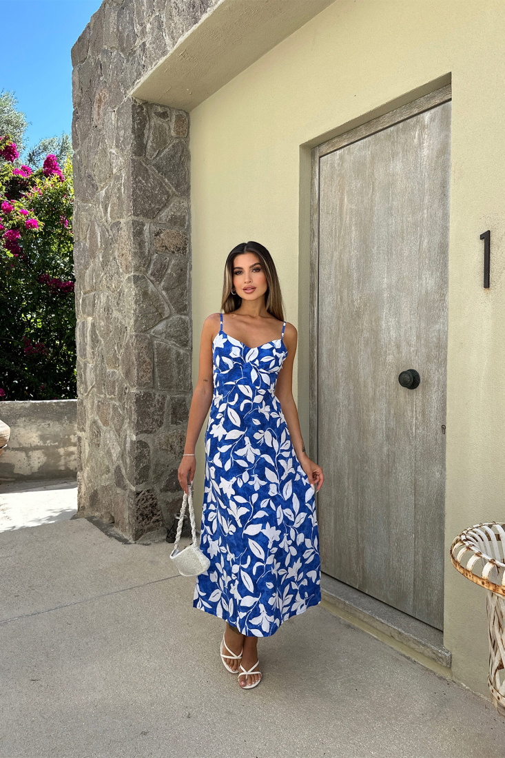 Saks Askılı Çiçek Desen Elbise ATE7388 - EYYO