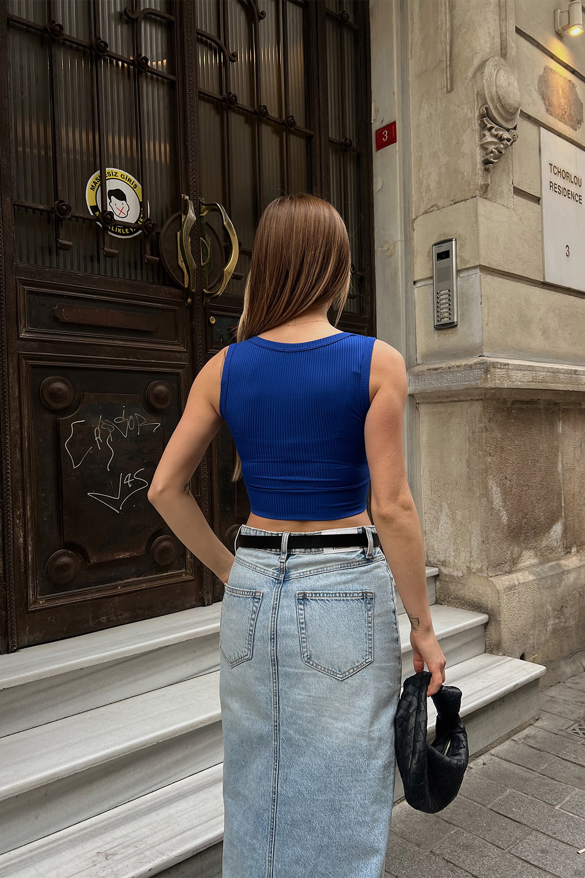 Saks Askılı Triko Crop Top - 3